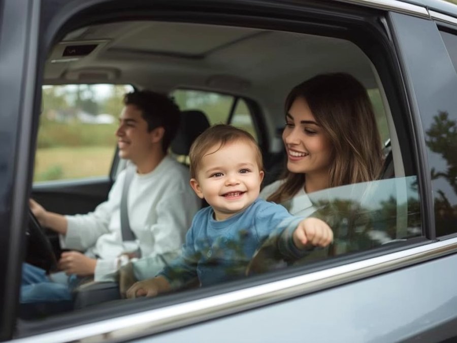 a baby smiling from the car window