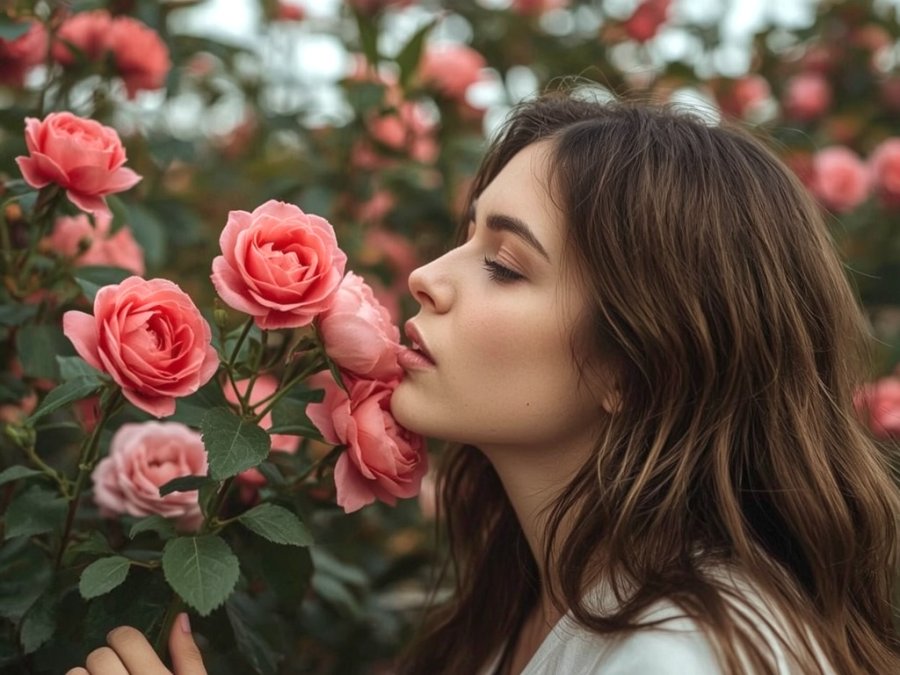woman smelling flowers in bloom - simple pleasures in life