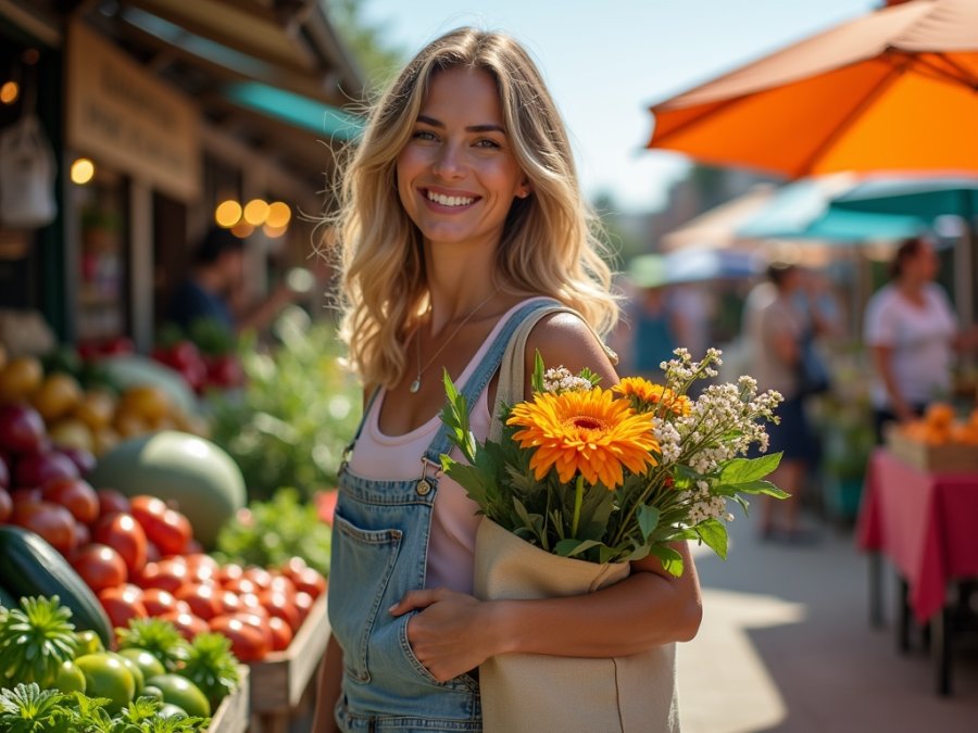 woman's outdoor solo date at farmer's market